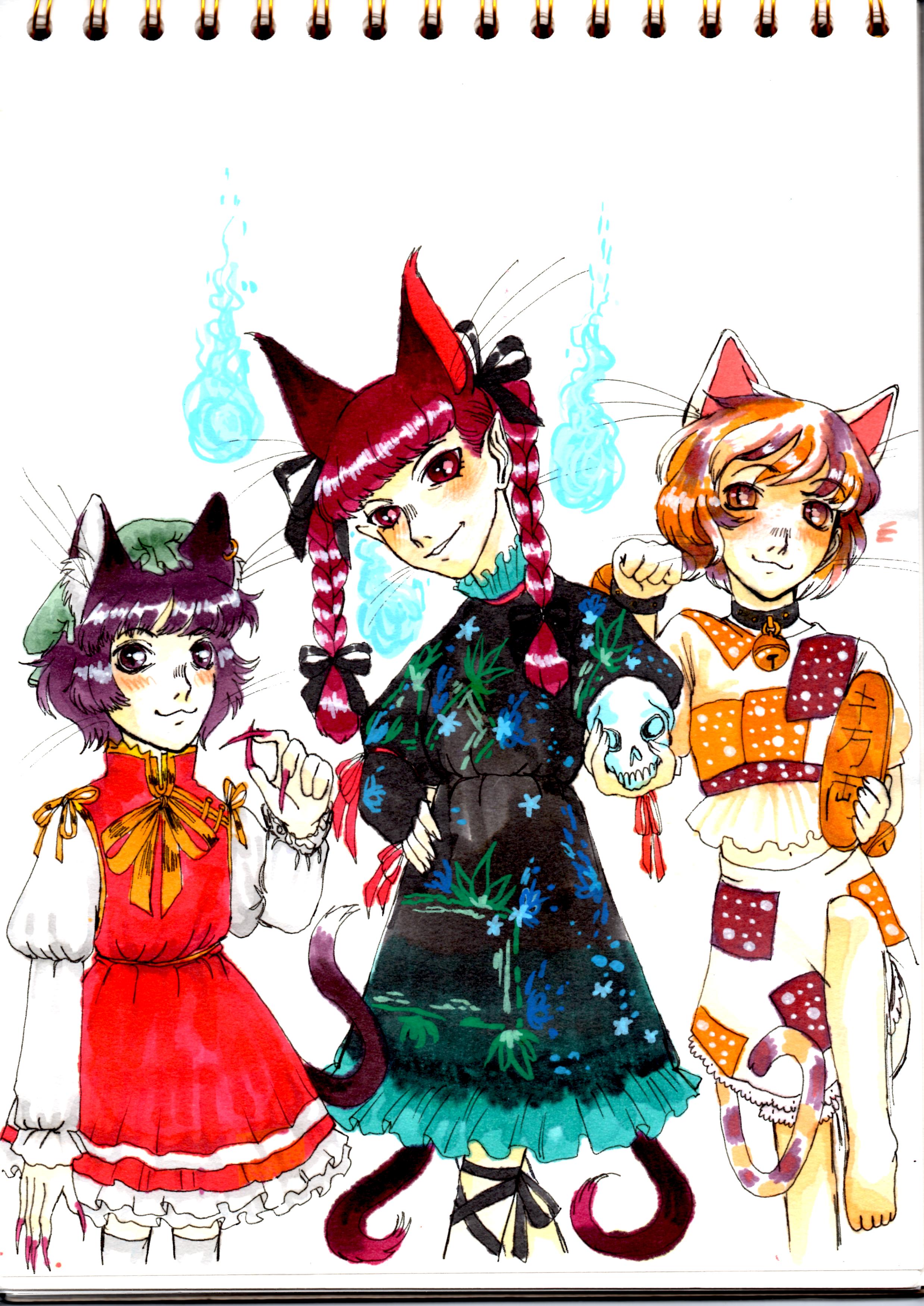 I think I drew all the cat yokais, not really liking this drawing (I plan to redraw it in MSPaint :/ their expressions are really derpy, I just don't like it afterall (＃￣ω￣)